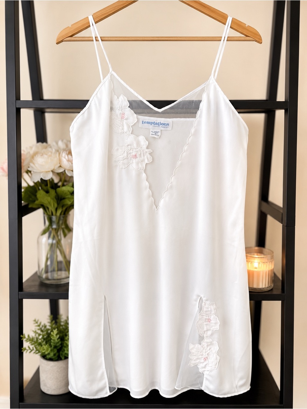 Temptations Vintage White Satin Chemise with Floral Appliqué